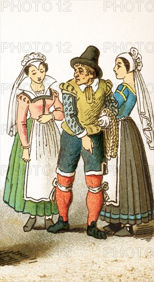 The figures represented here are all French people between 1550 and 1600. They are three people of the lower classes (a mariner and two women). This illustration dates to 1882.