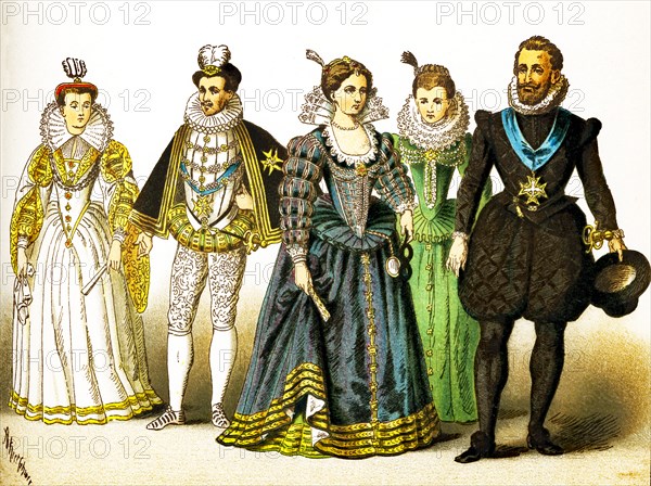 The figures represented here are French people between 1550 and 1600. They are, from left to right: Margareth of Lorraine, Henry III (died 1589), two court costumes in the time of Henry IV at the end of the century, Henry IV in about 1600. The illustration dates to 1882.