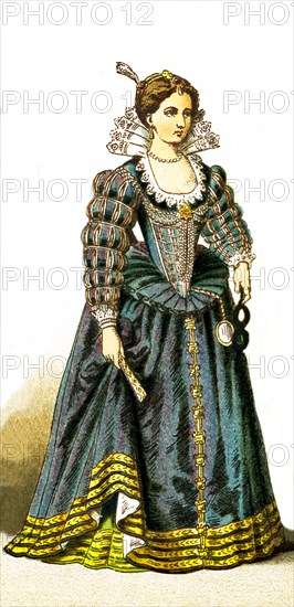 The figure represented here is a lady of the French court between 1550 and 1600. The illustration dates to 1882.