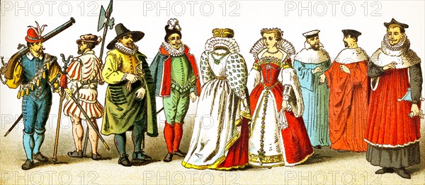 The figures represented here are French people between 1550 and 1600. They are, from left to right: a guard under Charles IX and Henry III, a Swiss guard, a soldier, two court costumes, Louisa of Lorraine the consort of Henry III, chancellor, president of Parliament, doctor of medicine. The illustration dates to 1882.