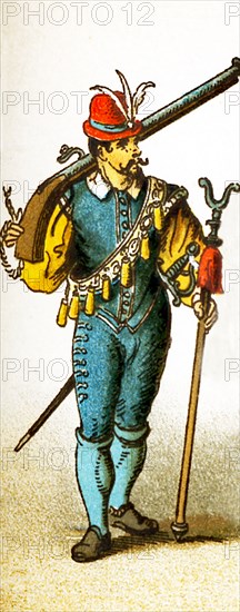 The figure represented here is a French guard between 1550 and 1600 ‚Äî during the time of Charles IX and Henry III. The illustration dates to 1882.