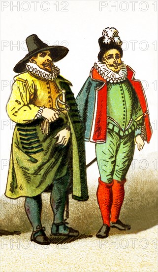 The figures represented here are French people between 1550 and 1600. They are, from left to right: a soldier and a man weaering a court costume. The illustration dates to 1882.