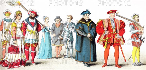 The figures pictured here represent English people between 1500 and 1550. From left to right, they are: three people of high rank, two citizens, a knight, Chancellor Sir Thomas More in 1535, the Earl of Surrey in 1540, and a soldier. The illustration dates to 1882.