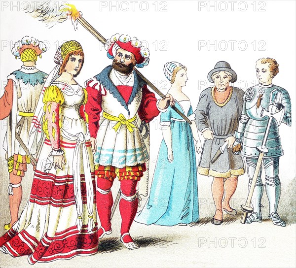 The figures pictured here represent English people between 1500 and 1550. From left to right, they are: three people of high rank, two citizens, and a knight. The illustration dates to 1882.