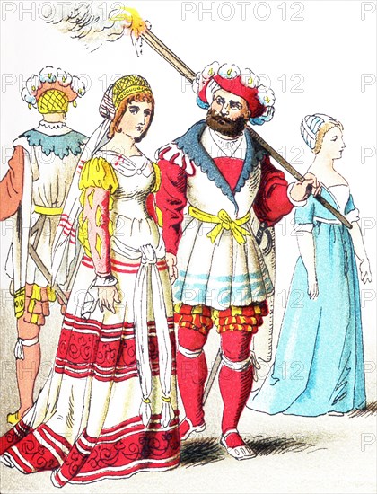 The figures pictured here represent English people between 1500 and 1550. From left to right, they are: three people of high rank and a citizen. The illustration dates to 1882.