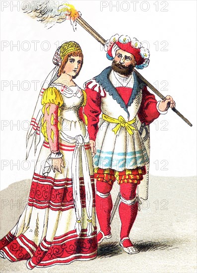 The figures pictured here represent an English couple of high rank between 1500 and 1550. The illustration dates to 1882.