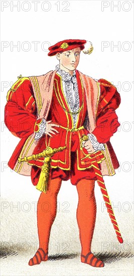 The figure pictured here represents Henry Howard, the Earl of Surrey, an English poet and courtier, in 1540. He did very well in the jousting tournaments held in honor of Henry VIII's marriage to Anne of Cleves. He was the first cousin of Anne Boleyn, Henry VIII's second wife. The illustration dates to 1882.