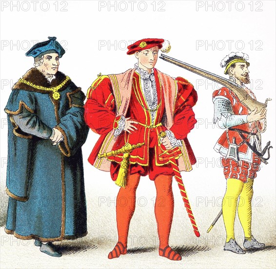 The figures pictured here represent English people between 1500 and 1550. From left to right, they are: Chancellor Sir Thomas More in 1535, the Earl of Surrey (Henry Howard) in 1540, and a soldier. The illustration dates to 1882.