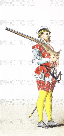 The figure pictured here represents an English soldier between 1500 and 1550. The illustration dates to 1882.