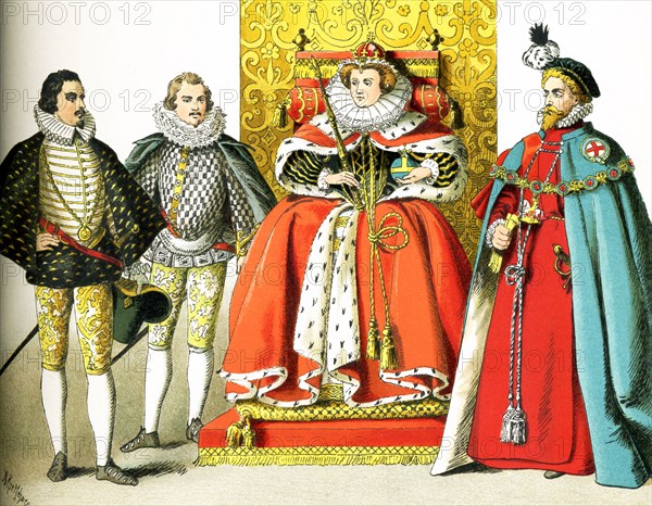 The figures here represent English nobles and royals between 1550 and 1600. From left to right, they are: two noblemen, Queen Elizabeth I, and a knight of the Order of the Garter. The illustration dates to 1882.