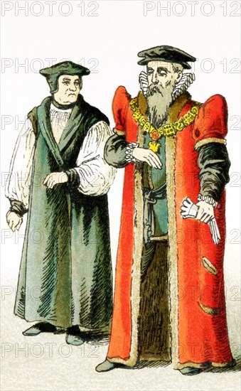 The figures in this image represent two English men from the period A.D. 1550 to 1600. They are, from left to right: a bishop and the Lord Mayor of London. This illustration dates to 1882.