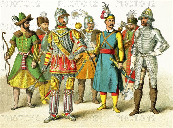 The figures pictured here are Slavs in 1500. They represent, from left to right: Russian warrior, King of Poland, Polish chief, Hungarian chief, Hungarian warrior, Hungarian prince, and Hungarian warrior. The illustration dates to 1882.