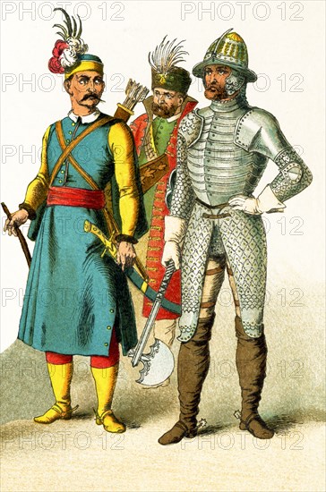 The figures pictured here are Hungarians in 1500. They represent, from left to right: Hungarian warrior, Hungarian prince, and Hungarian warrior. The illustration dates to 1882.