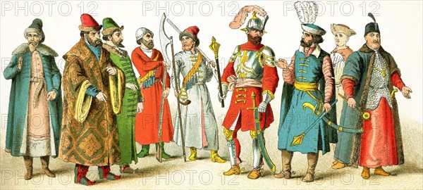 The Slavonic figures pictured here date to 1500. They represent, from left to right: a Russian merchant, two Russian grandees (noblemen), two people from Strelitz, two Hungarian chiefs and a Hungarian prince, and a Polish grandee. Slavs lived chiefly in eastern and southeastern Europe. The illustration dates to 1882.