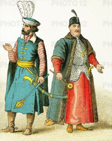 The Slavonic figures pictured here date to 1500. They represent, from left to right: a Hungarian chief and a Polish grandee. Slavs lived chiefly in eastern and southeastern Europe. The illustration dates to 1882.