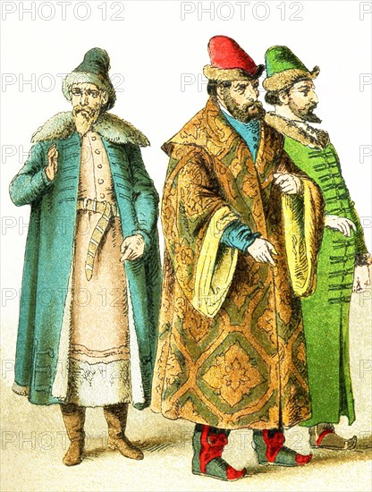 The Slavonic figures pictured here date to 1500. They represent, from left to right: a Russian merchant and two Russian grandees (noblemen). Slavs lived chiefly in eastern and southeastern Europe. The illustration dates to 1882.