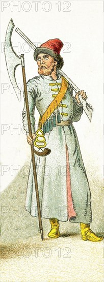 The Slavonic figure pictured here date to around 1550 and represents a man from Strelitz unit, or a Streltsy. Streltsy were units of Russian guardsmen, armed with firearms, first organized by Ivan the Terrible between 1545 and 1550. Slavs lived chiefly in eastern and southeastern Europe. The illustration dates to 1882.