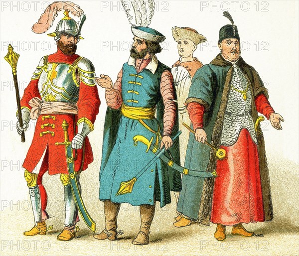 The Slavonic figures pictured here date to 1500. They represent, from left to right: two Hungarian chiefs, a Hungarian prince, and a Polish grandee. Slavs lived chiefly in eastern and southeastern Europe. The illustration dates to 1882.