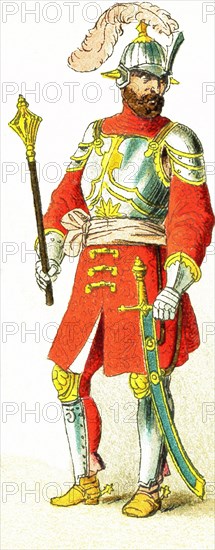 The Slavonic figure pictured here dates to 1500 and represents a Hungarian chief. Slavs lived chiefly in eastern and southeastern Europe. The illustration dates to 1882.