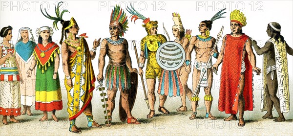 The figures pictured in this illustration show Mexican dress around A.D. 1500, from left to right, are: two women, a priestess, a king, four warriors, a high priest, and a priest of the god of war. The illustration dates to 1882.