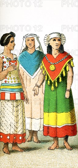 The figures pictured in this illustration show two Mexican women and a Mexican priestess around A.D. 1500. The illustration dates to 1882.