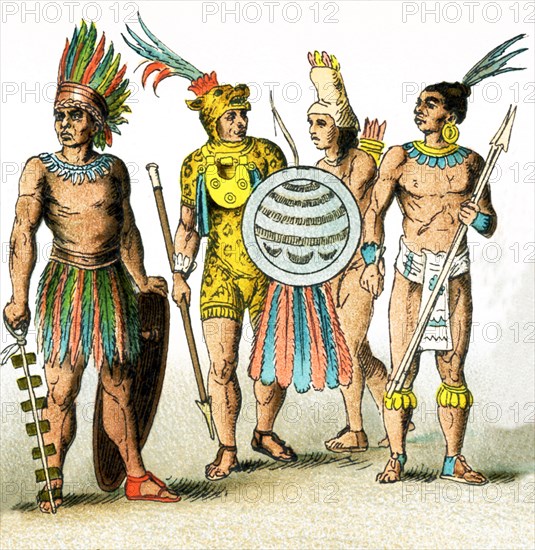 The figures pictured in this illustration show four Mexican warriors around A.D. 1500. The illustration dates to 1882.