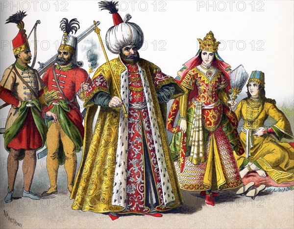 These figures represent Turks in the Ottoman Empire in 1500. They are, from left to right: a guard, a Janizary, a Sultan, A Sultana, and a woman of rank. The illustration dates to 1882.