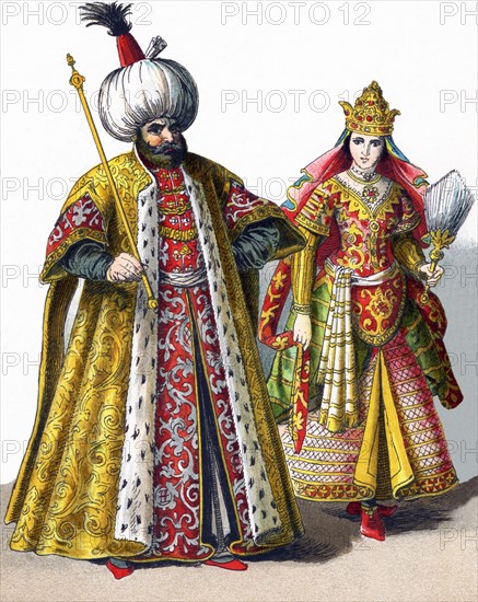 These figures represent a Sultan and a Sultana in the Ottoman Empire in 1500. The illustration dates to 1882.