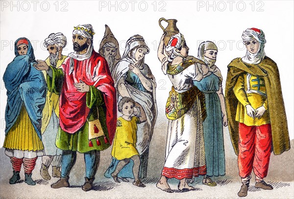 These figures represent Moors in 1500. They are, from left to right: a warrior, man, king, man, boy, three women, and a man. The illustration dates to 1882.