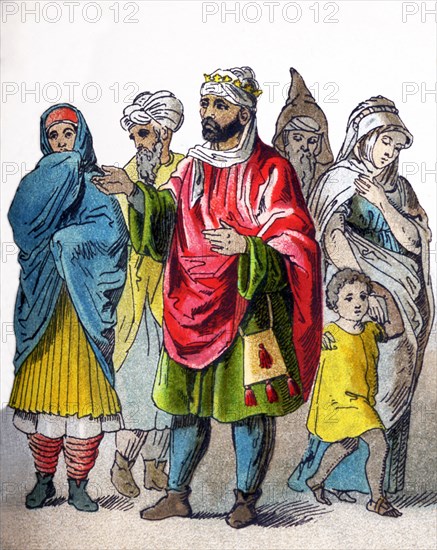 These figures represent Moors in 1500. They are, from left to right: a woman, man, king, man, boy, and a woman. The illustration dates to 1882.