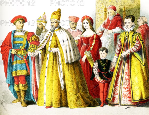 The figures pictured here represent Italians around 1500 A.D. They are from left to right: man of rank, Doge of Venice, Doge of Venice, cardinal in house dress, woman of rank, Pope in house-dress: Julius II, woman of rank with her son, cardinal in house dress. The illustration dates to 1882.