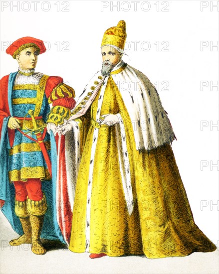 The figures pictured here date to around 1500 A.D. They are from left to right: an Italian man of rank and the Pope dressed in Pontificals, that is, the vestments he wears when celebrating or presiding over liturgical functions. The Pope is Alexander VI, born Rodrigo de Borja. The illustration dates to 1882.