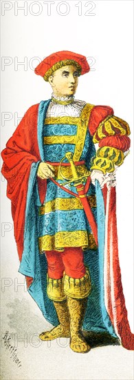 The figure pictured here represents an Italian man of rank around 1500 A.D. The illustration dates to 1882.