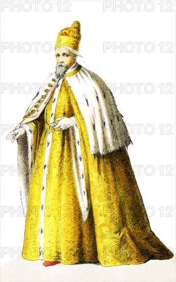 The figure pictured here represents the Doge of Venice in 1500 A.D. He is Agostino Barbarigo. The illustration dates to 1882.