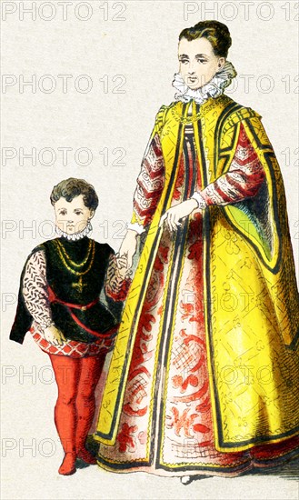 The figures pictured here represent an Italian noble lady and her son around 1500 A.D. The illustration dates to 1882.