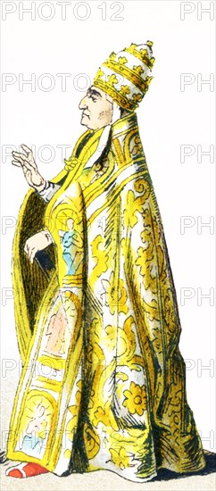 The figure pictured here represents Pope Alexander VI in 1500 A.D. He is dressed in the vestments for when he officiates and participates in religious ceremonies. The illustration dates to 1882. .