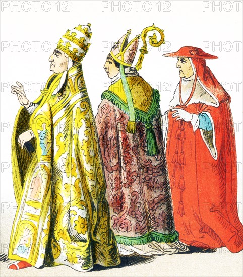 The figures pictured here represent Italians around 1500 A.D. They are from left to right: Pope Alexander VI, bishop, cardinal. The illustration dates to 1882. .