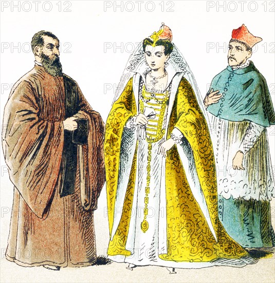 The figures pictured here represent Italians around 1500 A.D. They are from left to right: procurator of St. Mark, wife of the Doge, cardinal in house dress. The illustration dates to 1882. .