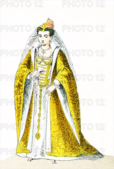 The figure pictured here represents Elisabetta Soranzo, the wife of Agostino Barbarigo, the doge of Venice in 1500 A.D. The illustration dates to 1882. .