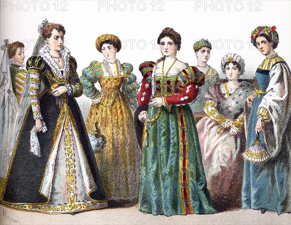 This illustration, which dates to 1882, shows Italian women. The two at left date to 1550-1600. The five on the left date to 1500-1550.