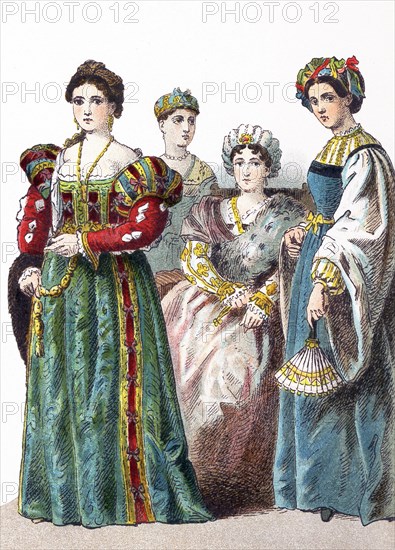 This illustration, which dates to 1882, shows four Italian women between 1500 and 1550.