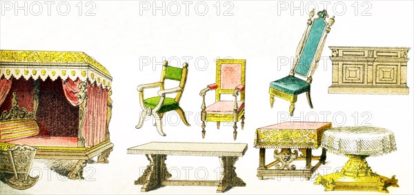 Shown here are pieces of European furniture from approximately the year 1500. The illustration dates to 1882.