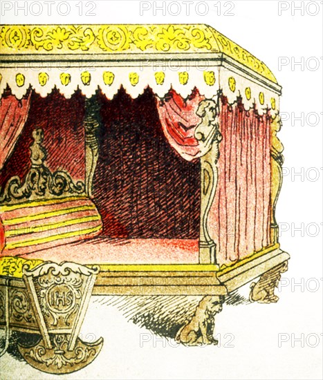 Shown here are European artifacts from approximately the year 1500.They are a bed and a cradle. The illustration dates to 1882.