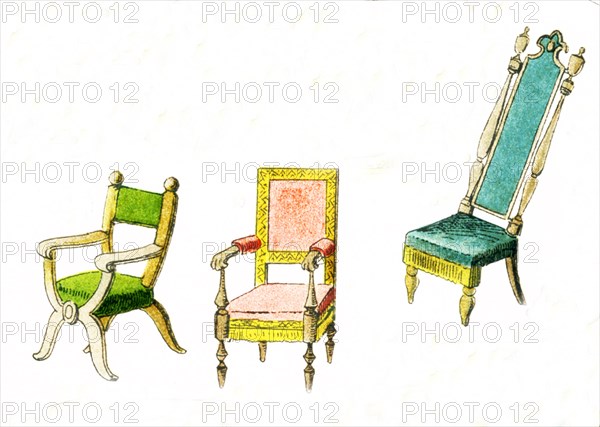 Shown here are three European chairs from approximately the year 1500. The illustration dates to 1882.