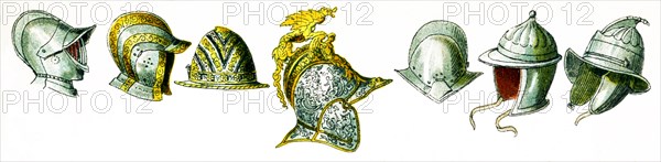 Shown here are seven European helmets from approximately the year 1500. The illustration dates to 1882.