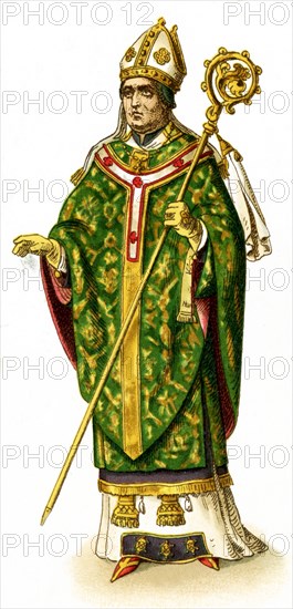 Shown in this image is a Christian bishop in full pontificals. The illustration dates to 1882. .