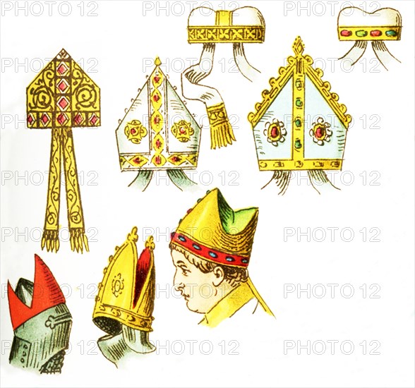 Shown in this image are a variety of Christian mitres. They are, from left to right, top to bottom: two mitres from 11th century, mitre from 12th and 13th centuries, mitre from 14th century, mitre from 15th century, mitre from 13th century, mitre fastened on helmet from 13th and 14th centuries, mitre fastened on helmet from 15th century. The illustration dates to 1882. .