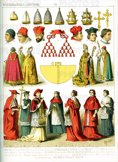 The images here all feature ecclesiastical Costume, from the 11th century through the 19th century. They are from left to right, top to bottom: a Pope's tiara from the 11th century, four Pope's tiaras from the 12th century, a Pope's tiara from the 14th century, a Pope's tiara from the 16th century, two Pontifical crosses, a calotte from the 15th century, a skull cap from the 15th century, a biretta from the 16th century, a Cardinal's hat at the end of the 16th century, a cardinal at the end of the 15th century, a bishop at the end of the 15th century, Soli Deo, a pluvial or choral hood since the 12th century, the pluvial or choral hood worn at the end of the 13th century, the Pluvial or Choral hood of a priest at the end of the 15th century, the Pluvial or Choral hood in the 19th century, the Pluvial or Choral hood of a Bishop in the 15th century, the Pluvial or Choral hood of a 15th century Precentor, the Cappa Magna of a cardinal, short mantle, the pope, the Cappa Magna for a bishop,...