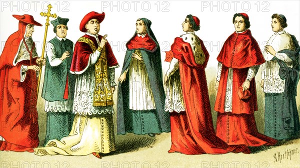 The images here all feature ecclesiastical Costume, from the 11th century through the 19th century. They are from left to right: the Cappa Magna of a cardinal, short mantle, the pope, the Cappa Magna for a bishop, the Cappa Magna for a cardinal, a cardinal, Cappa Magna of a Bishop. The illustration dates to 1882. .