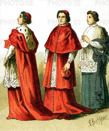 The images here all feature ecclesiastical Costume, from the 11th century through the 19th century. They are from left to right: the Cappa Magna for a cardinal, a cardinal, Cappa Magna of a Bishop. The illustration dates to 1882. .